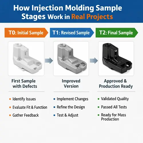 T0, T1, and T2 injection molding sample stages shown on a product development workbench