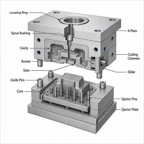 Injection mold components diagram