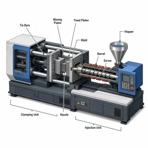 Injection molding machine components diagram