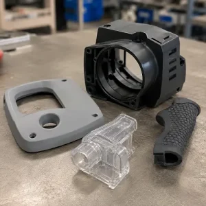 Urethane molded plastic parts including clear, rigid, and soft-touch prototype components on a workbench.