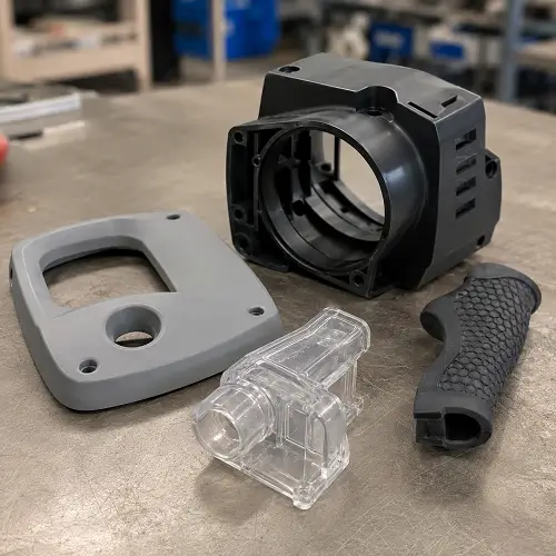Urethane molded plastic parts including clear, rigid, and soft-touch prototype components on a workbench.