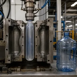 Blow molding machine with an open steel mold forming a hollow plastic container in a factory setting.