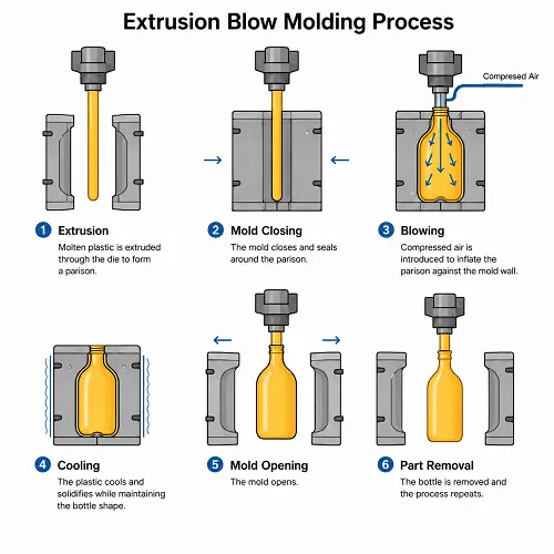 Step-by-step extrusion blow molding manufacturing process for plastic bottle production.