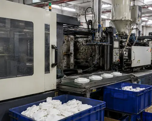 Injection molding machine producing plastic parts