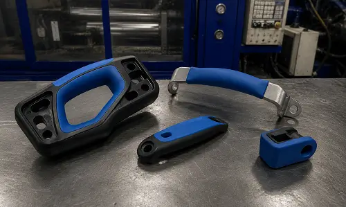 Plastic and metal overmolded parts.