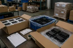 Molded plastic parts packed for delivery.