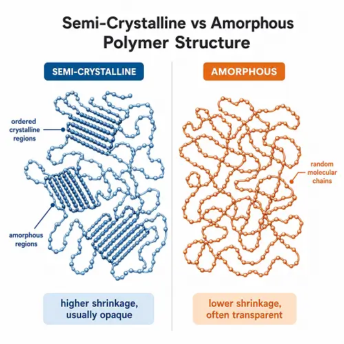 Amorphous and semi-crystalline polymer molecular structures compared