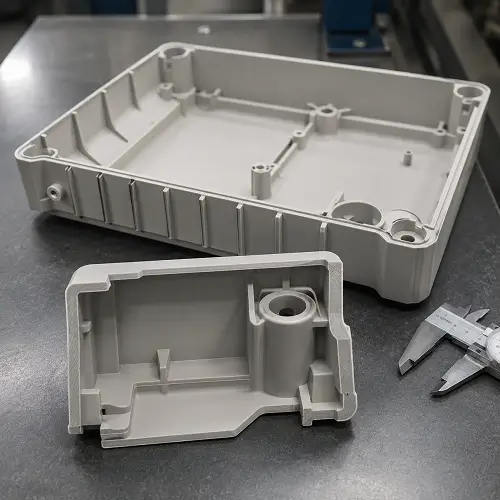 Sectioned injection molded plastic parts showing wall thickness and ribs