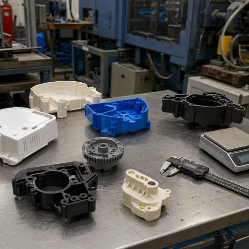 Injection molded plastic parts inspected for weight and dimensions