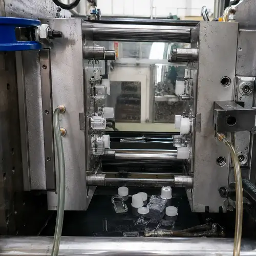 White and transparent plastic parts inside an injection mold