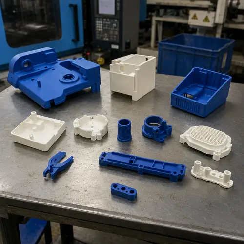 Blue and white injection molded plastic parts in a factory
