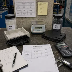 Blue and white injection molded plastic parts in a factory
