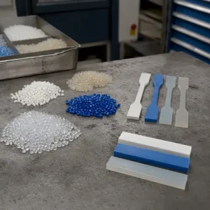 Plastic resin pellets and molded test specimens for material testing