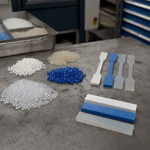 Plastic resin pellets and molded test specimens for material testing