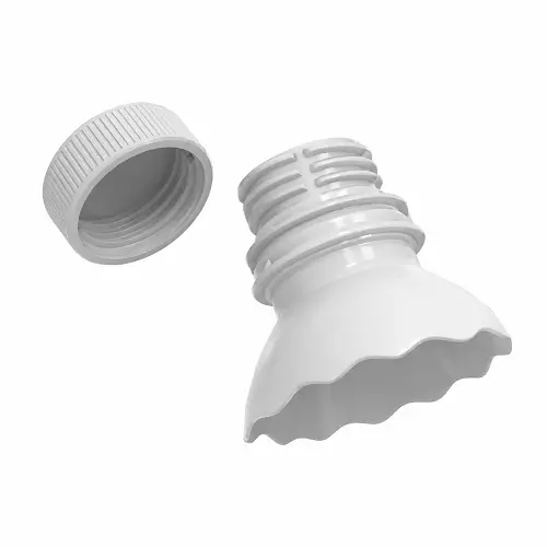 3D illustration of an injection molded plastic bottle neck with matching threaded cap for screw assembly