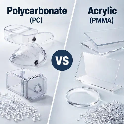 Polycarbonate and acrylic materials and transparent injection molded parts compared