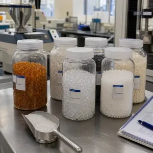 Different polymer material samples stored in clear containers