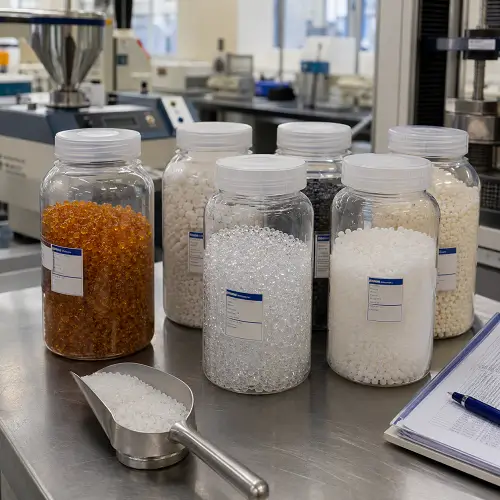 Different polymer material samples stored in clear containers