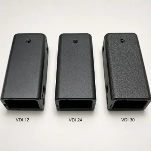 Plastic parts showing different VDI texture grades from fine to rough finish