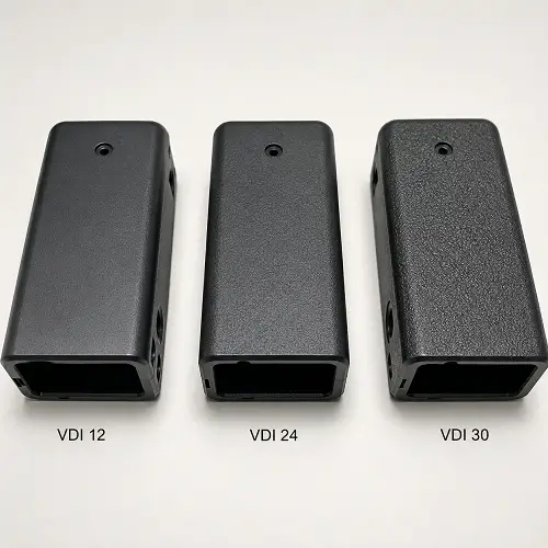 Plastic parts showing different VDI texture grades from fine to rough finish